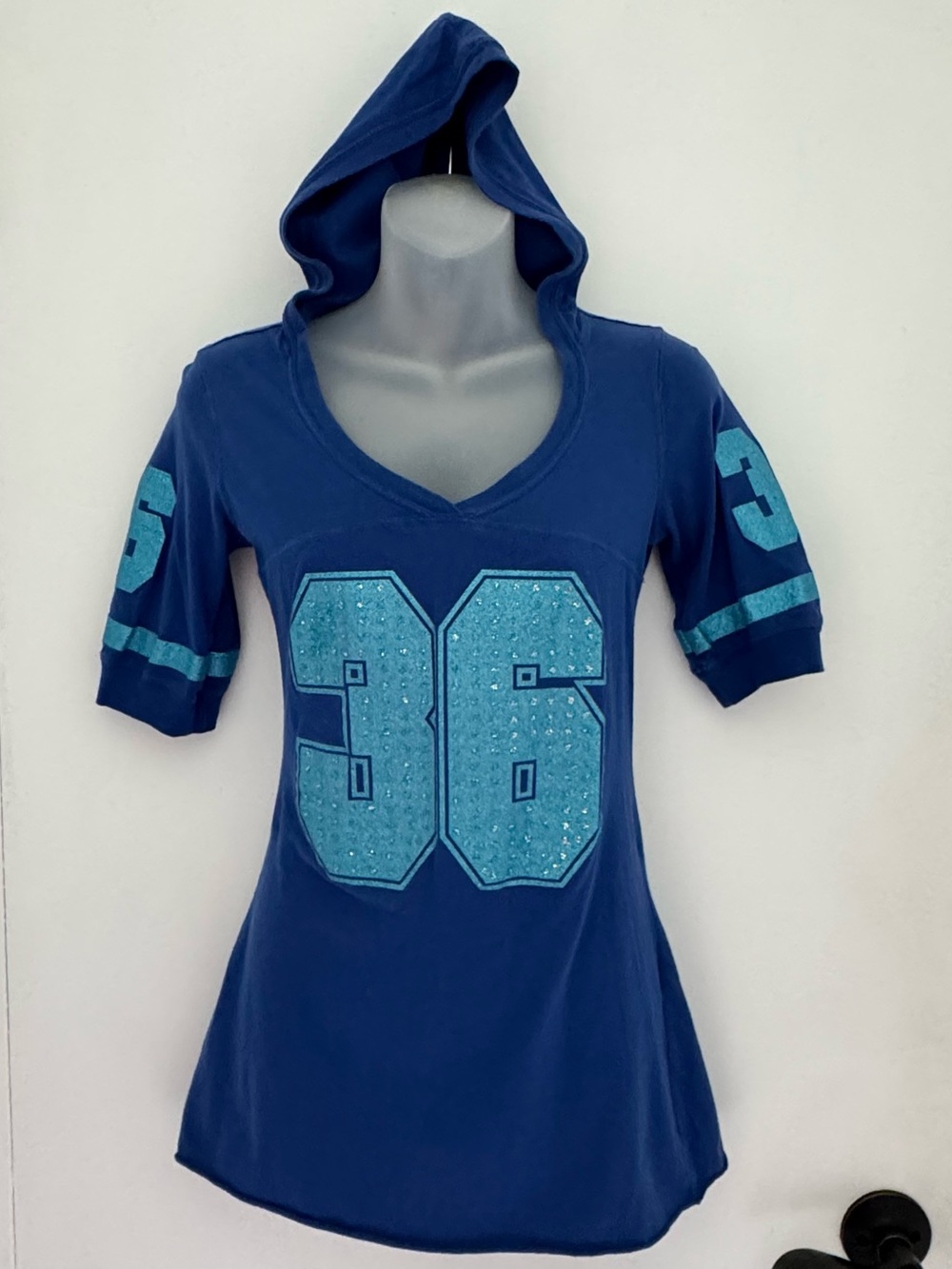 Vintage, random Blue Women's Hooded Football Tee with Sequin '36' Streetwear Y2K